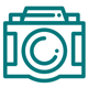 camera icon with circular lens representing photography and creativity in capturing moments