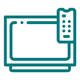 a simple outline of a computer screen with a keyboard next to it featuring six digital icons representing different applications or features