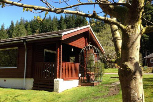 a wooden cabin surrounded by trees with a birdcage in the garden featuring two distinct architectural styles