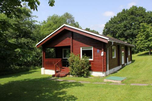 charming red wooden cabin surrounded by greenery with three windows and a small porch ideal for relaxation