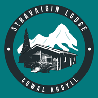 logo of Stravaigin Lodge with mountains and trees in Cowal Argyll showcasing outdoor accommodations and adventures